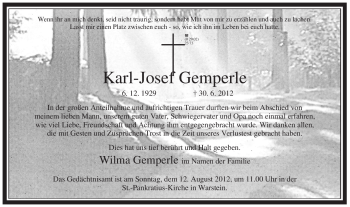 Traueranzeige von Karl-Josef Gemperle von Tageszeitung