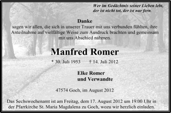 Traueranzeige von Manfred Romer von Tageszeitung