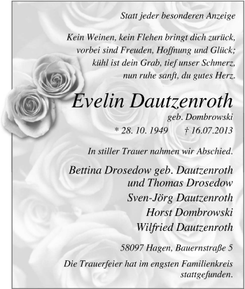 Traueranzeige von Evelin Dautzenroth von Tageszeitung