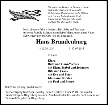 Traueranzeige von Hans Brandenburg von Tageszeitung