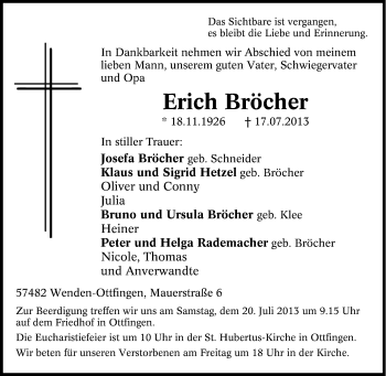 Traueranzeige von Erich Bröcher von Tageszeitung