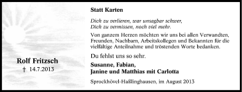 Traueranzeige von Rolf Fritzsch von Tageszeitung