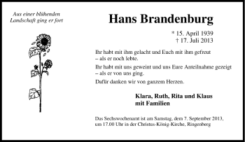 Traueranzeige von Hans Brandenburg von Tageszeitung