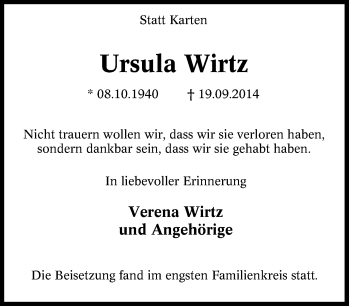 Traueranzeige von Ursula Wirtz von Tageszeitung