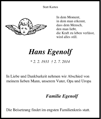 Traueranzeige von Hans Egenolf von Tageszeitung