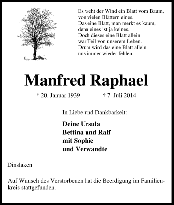 Traueranzeige von Manfred Raphael von Tageszeitung
