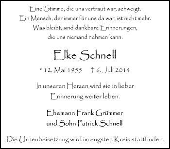 Traueranzeige von Elke Schnell von Tageszeitung