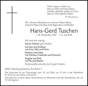 Traueranzeige von Hans-Gerd Tuschen von Tageszeitung