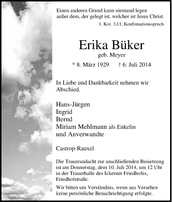 Traueranzeige von Erika Büker von Tageszeitung