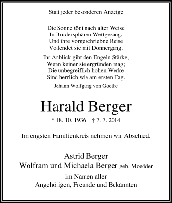 Traueranzeige von Harald Berger von Tageszeitung