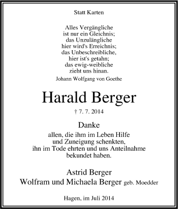 Traueranzeige von Harald Berger von Tageszeitung