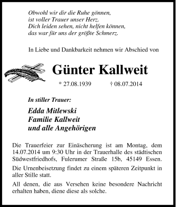 Traueranzeige von Günter Kallweit von Tageszeitung