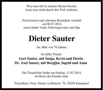Traueranzeige von Dieter Sauter von Tageszeitung