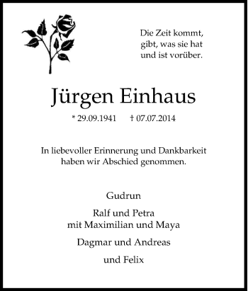 Traueranzeige von Jürgen Einhaus von Tageszeitung
