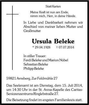 Traueranzeige von Ursula Beleke von Tageszeitung