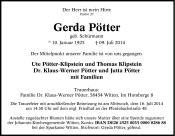 Traueranzeige von Gerda Pötter von Tageszeitung