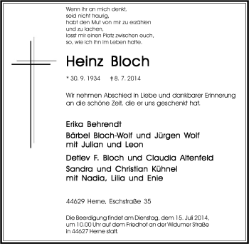 Traueranzeige von Heinz Bloch von Tageszeitung