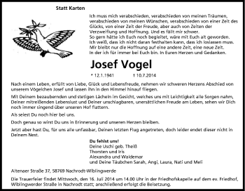 Traueranzeige von Josef Vogel von Tageszeitung