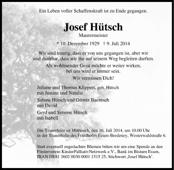 Traueranzeige von Josef Hütsch von Tageszeitung