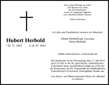 Traueranzeige von Hubert  Herbold von Tageszeitung