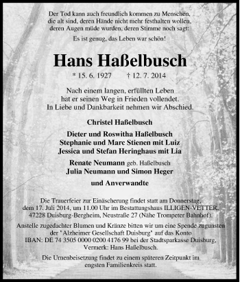 Traueranzeige von Hans Haßelbusch von Tageszeitung