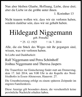 Traueranzeige von Hildegard Niggemann  von Tageszeitung