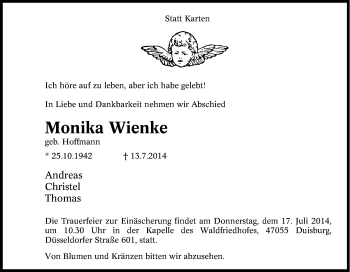 Traueranzeige von Monika Wienke von Tageszeitung