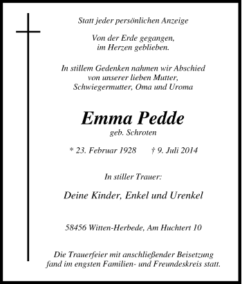 Traueranzeige von Emma Pedde von Tageszeitung