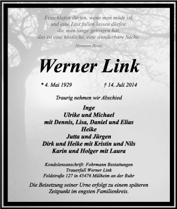 Traueranzeige von Werner Link von Tageszeitung