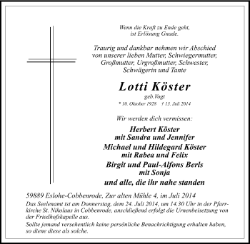 Traueranzeige von Lotti Köster von Tageszeitung