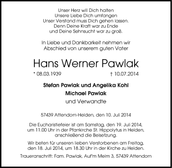 Traueranzeige von Hans Werner Pawlak von Tageszeitung