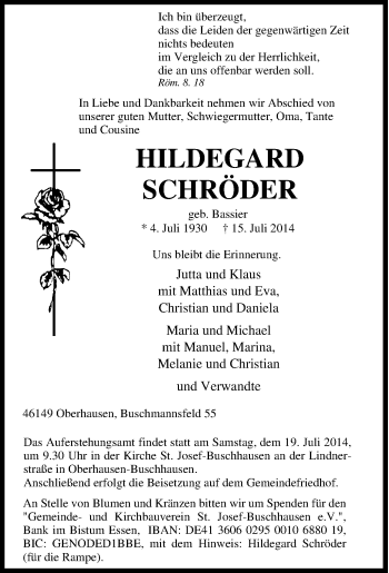 Traueranzeige von Hildegard Schröder von Tageszeitung