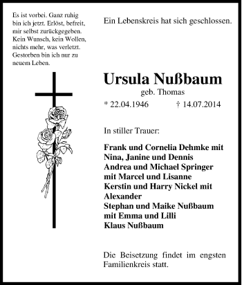 Traueranzeige von Ursula Nußbaum von Tageszeitung