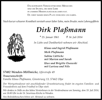 Traueranzeige von Dirk Plaßmann von Tageszeitung