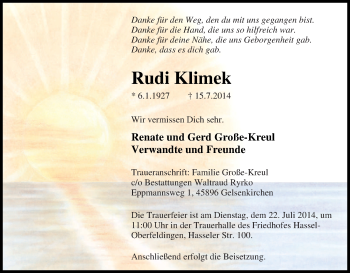 Traueranzeige von Rudi Klimek von Tageszeitung