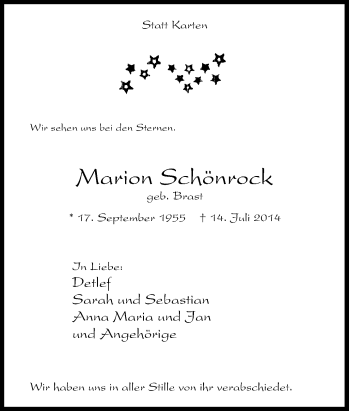 Traueranzeige von Marion Schönrock von Tageszeitung