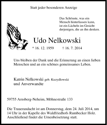 Traueranzeige von Udo Nelkowski von Tageszeitung