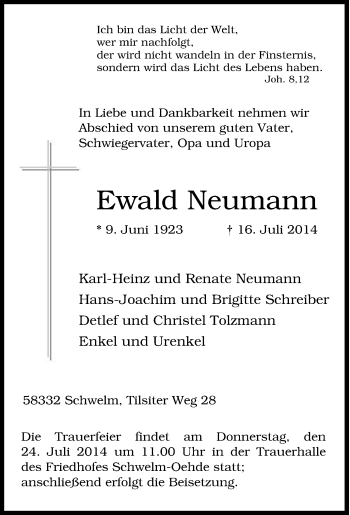 Traueranzeige von Ewald Neumann von Tageszeitung