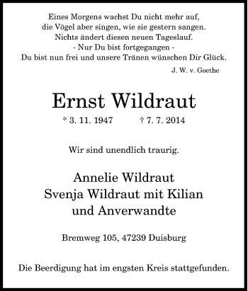 Traueranzeige von Ernst Wildraut von Tageszeitung