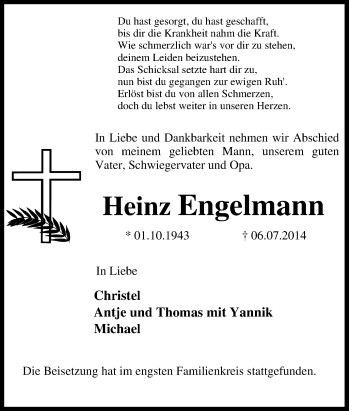 Traueranzeige von Heinz Engelmann von Tageszeitung