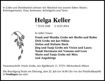 Traueranzeige von Helga Keller von Tageszeitung