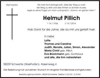 Traueranzeige von Helmut Pillich von Tageszeitung