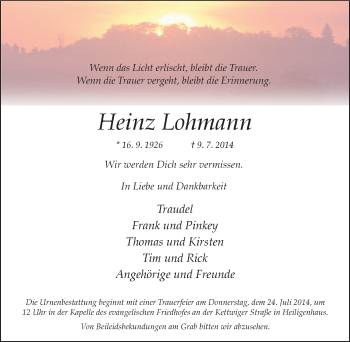 Traueranzeige von Heinz Lohmann von Tageszeitung