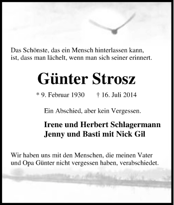Traueranzeige von Günter Strosz von Tageszeitung
