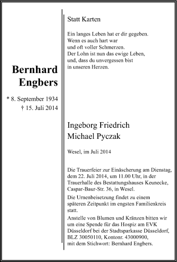 Traueranzeige von Bernhard Engbers von Tageszeitung