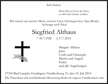 Traueranzeige von Siegfried Althaus von Tageszeitung