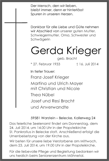 Traueranzeige von Gerda Krieger von Tageszeitung