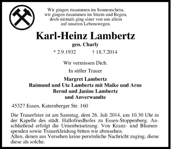 Traueranzeige von Karl-Heinz Lambertz von Tageszeitung