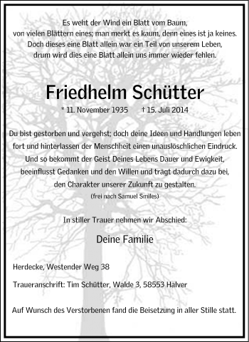 Traueranzeige von Friedhelm Schütter von Tageszeitung