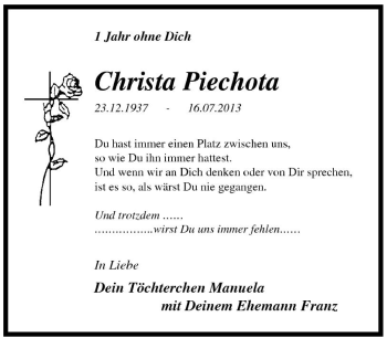 Traueranzeige von Christa Piechota von Tageszeitung